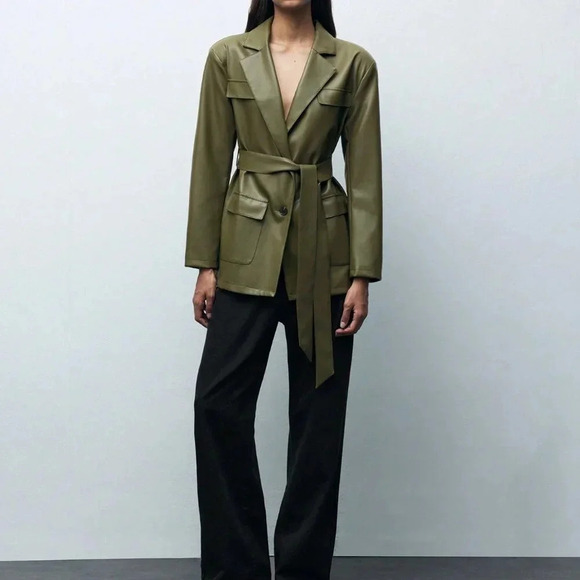 Army Green Elegant Women's Front Button Pocket Belted Long Sleeve Blazer Jacket - Picture 4 of 8